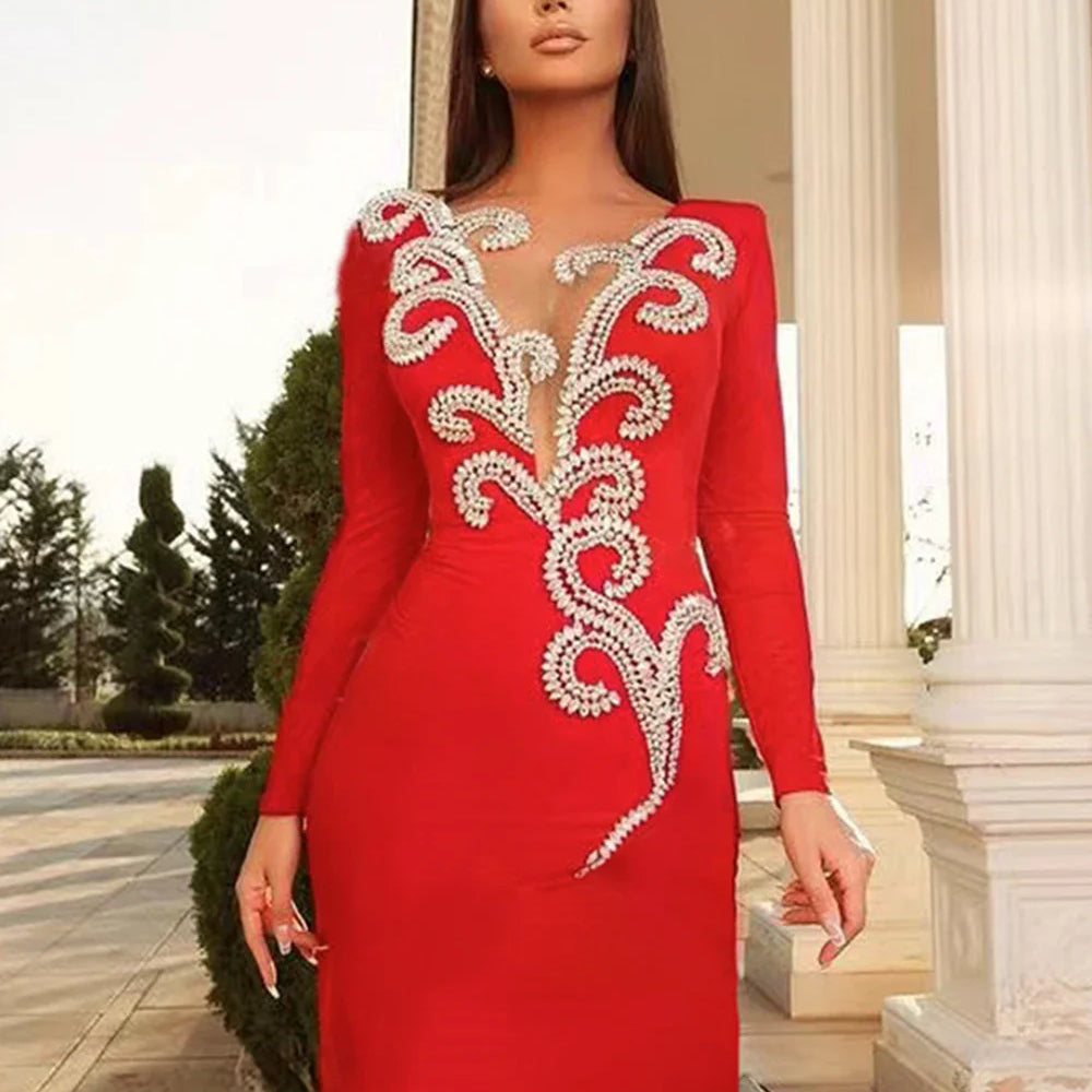 2025 Elegant Women's Light Luxury Nail Diamond Design Bandage Dress O-Neck Long Sleeve Bodycon Mini Dress Evening Party Vestidos