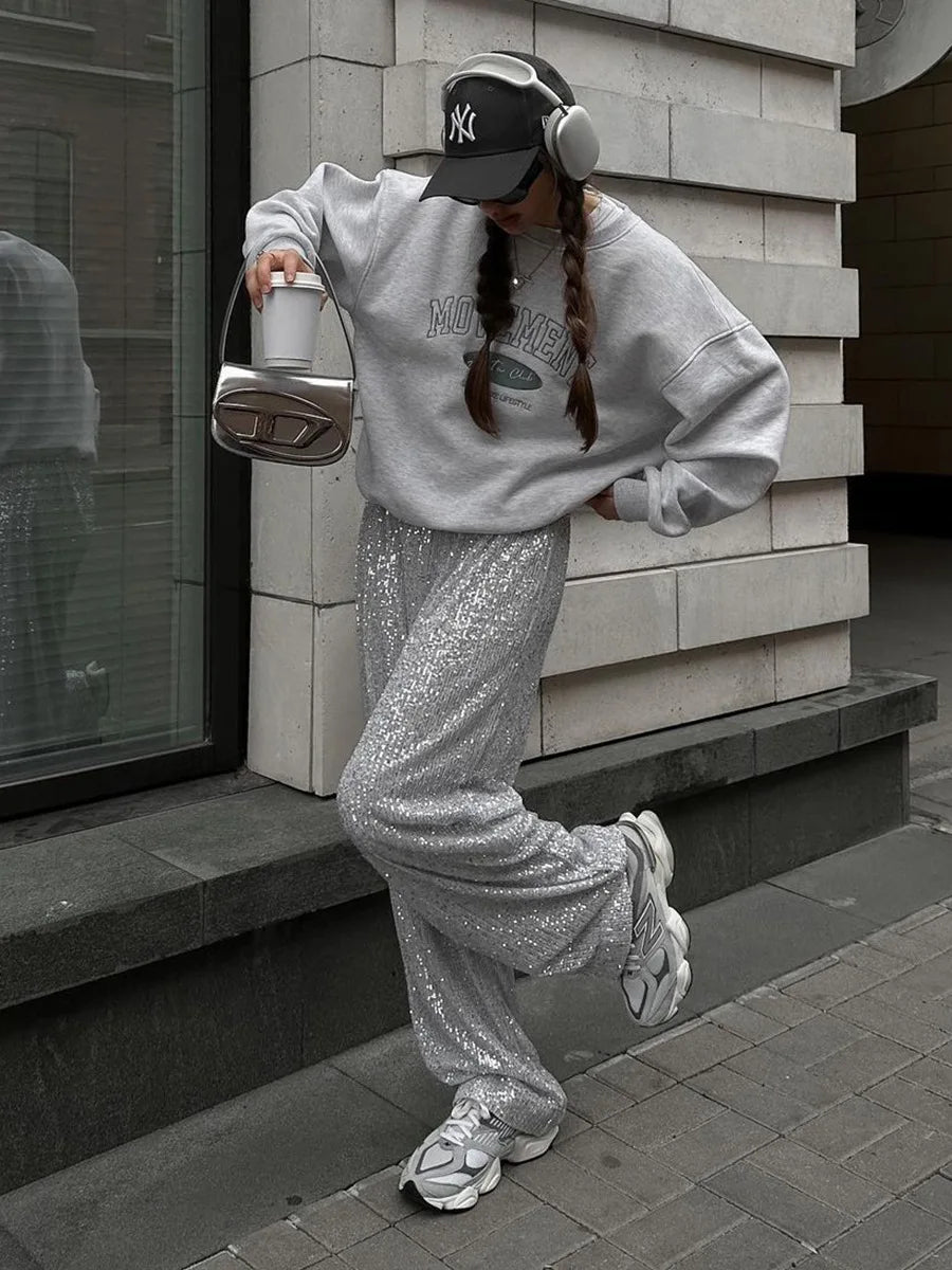 Sequin Pants New Instagram Style Trendy American Pearlescent Sequin Straight Leg Floor mops Silver