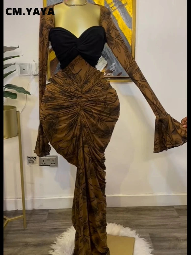 Women Leaf Printed Stacked Ruched Draped V-neck Maxi Long Bodycon Dress 2025 Holiday Birthday Club Party Evening Dresses