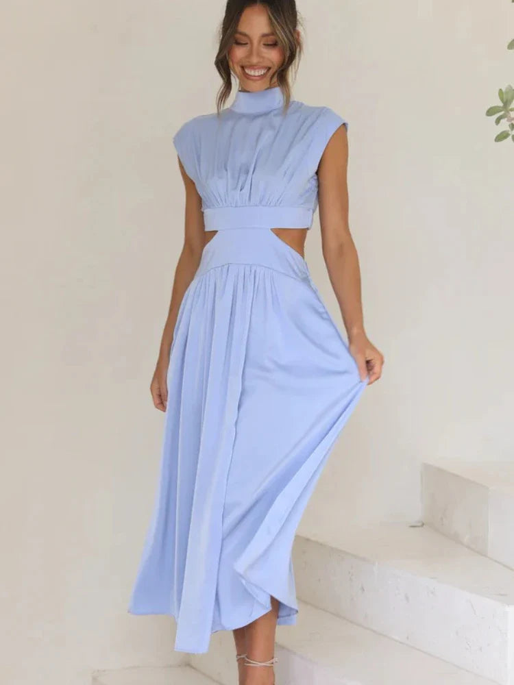 Women Spring Summer Long Maxi Dress Solid Color Fashion Sleeveless Backless Sweet Elegant Casual Dress 2023 Long-Sky