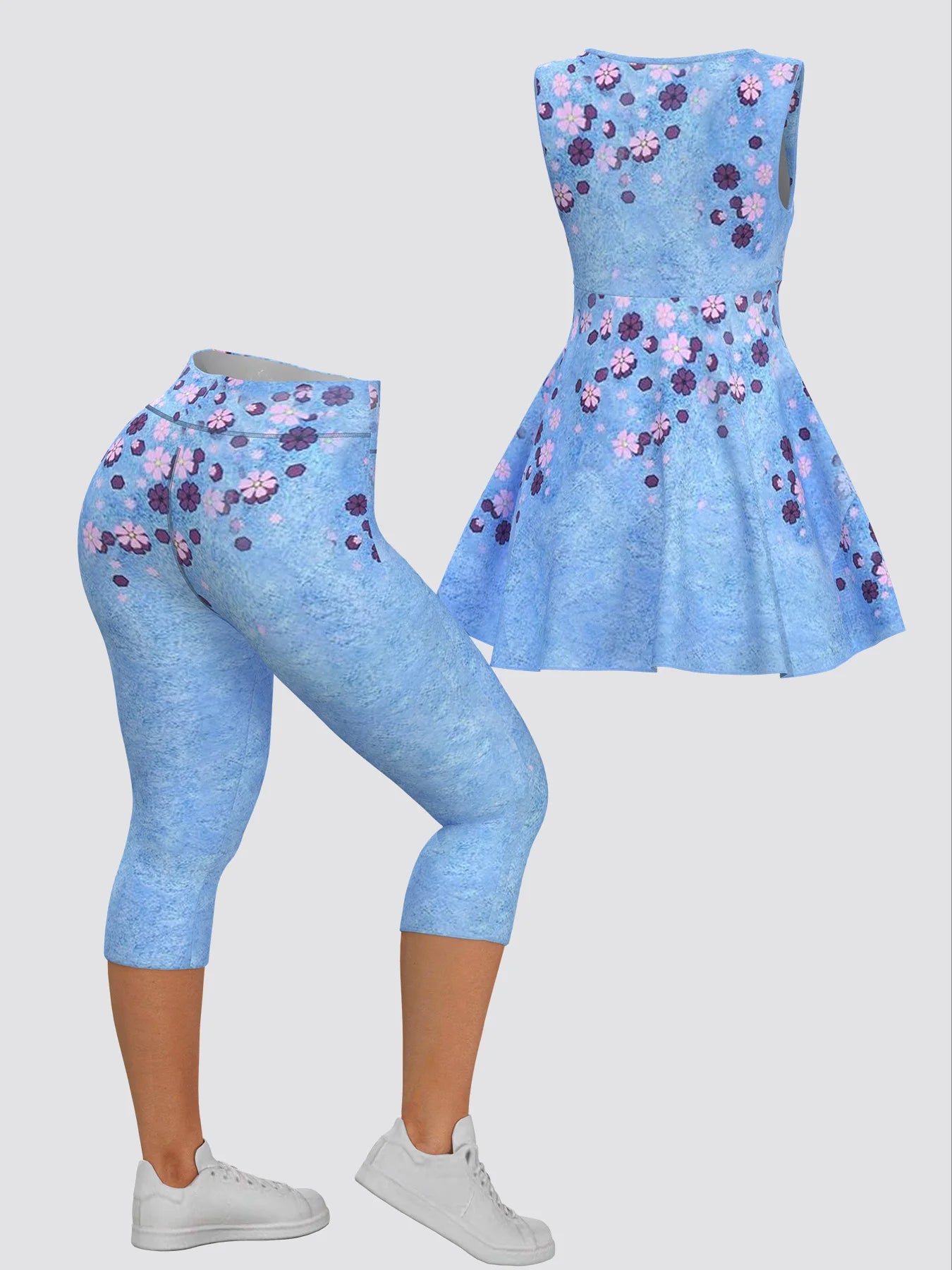 Casual Women Plus Size Two Piece Set Square Collar Floral Printed Tank Tops and Cropped Trousers Summer Matching Sets 2025