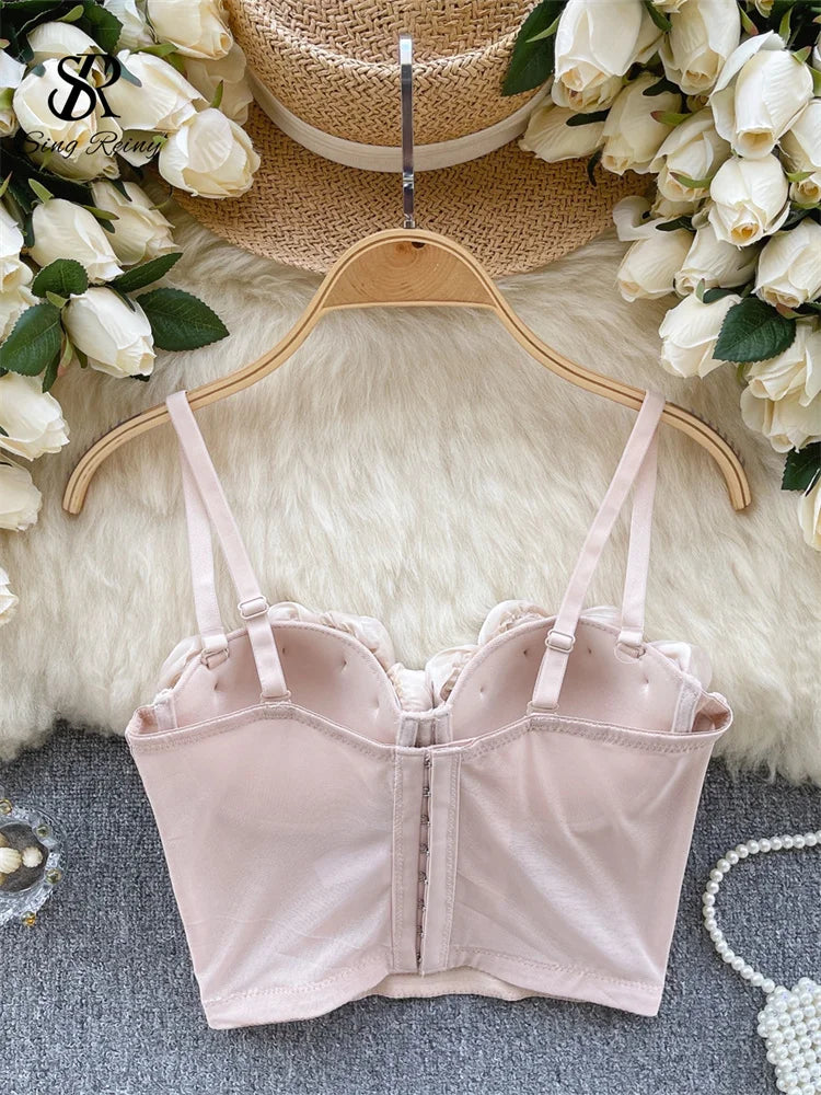 SINGREINY Female Rose 3D Flower Sexy Camisole Sleeveless Strapless Short Tank Tops Women Sheath Corset Streetwear Camis