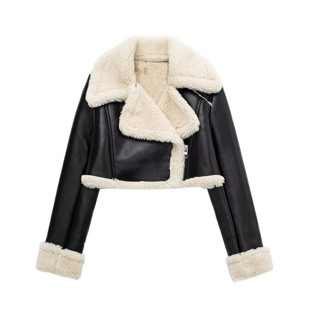 2023 New Women Fashion Thick Warm Faux Shearling Crop Jacket Coat Vintage Long Sleeve Front Zipper Female Outerwear Chic Tops BK