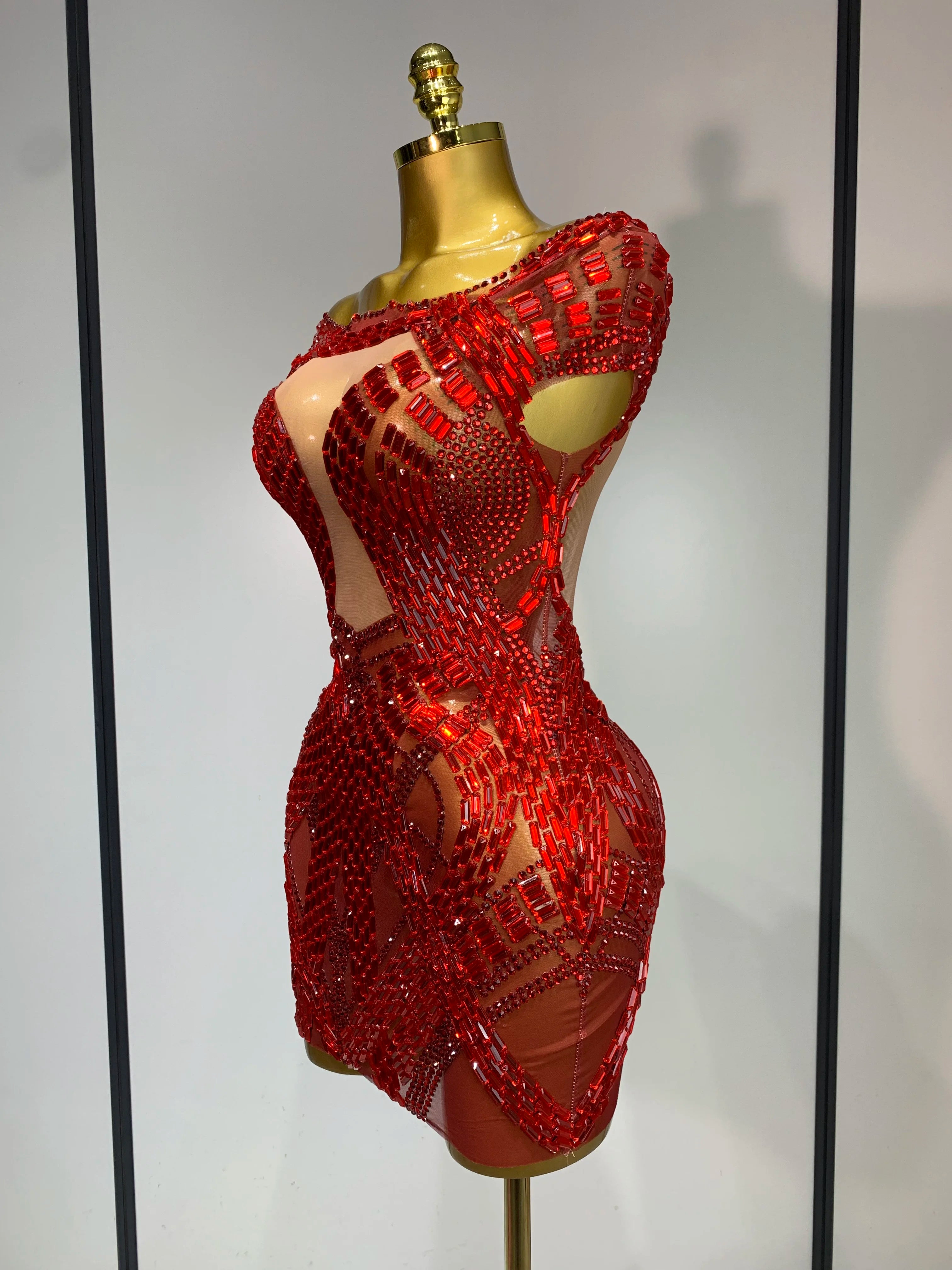 Luxury Rhinestones Sexy Mesh See Through Mini Dress Women Celebrate Birthday Evening Party Dress Stage Performance Costume