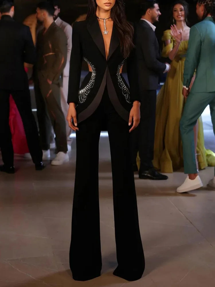 2025 New Autumn Women Long Sleeve Sexy Shinning Rhinestones 2 Pieces Blazer Set Elegant Evening Party Red Carpet Celebrate Wear