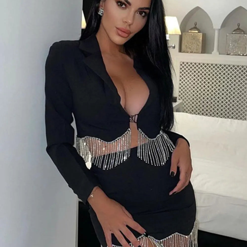 Sexy Women's Light Luxury Diamond Tassel Skirt Set with Flip Collar Long Sleeve Ultra Short Suit Coat+Mini Skirt Two Piece Set