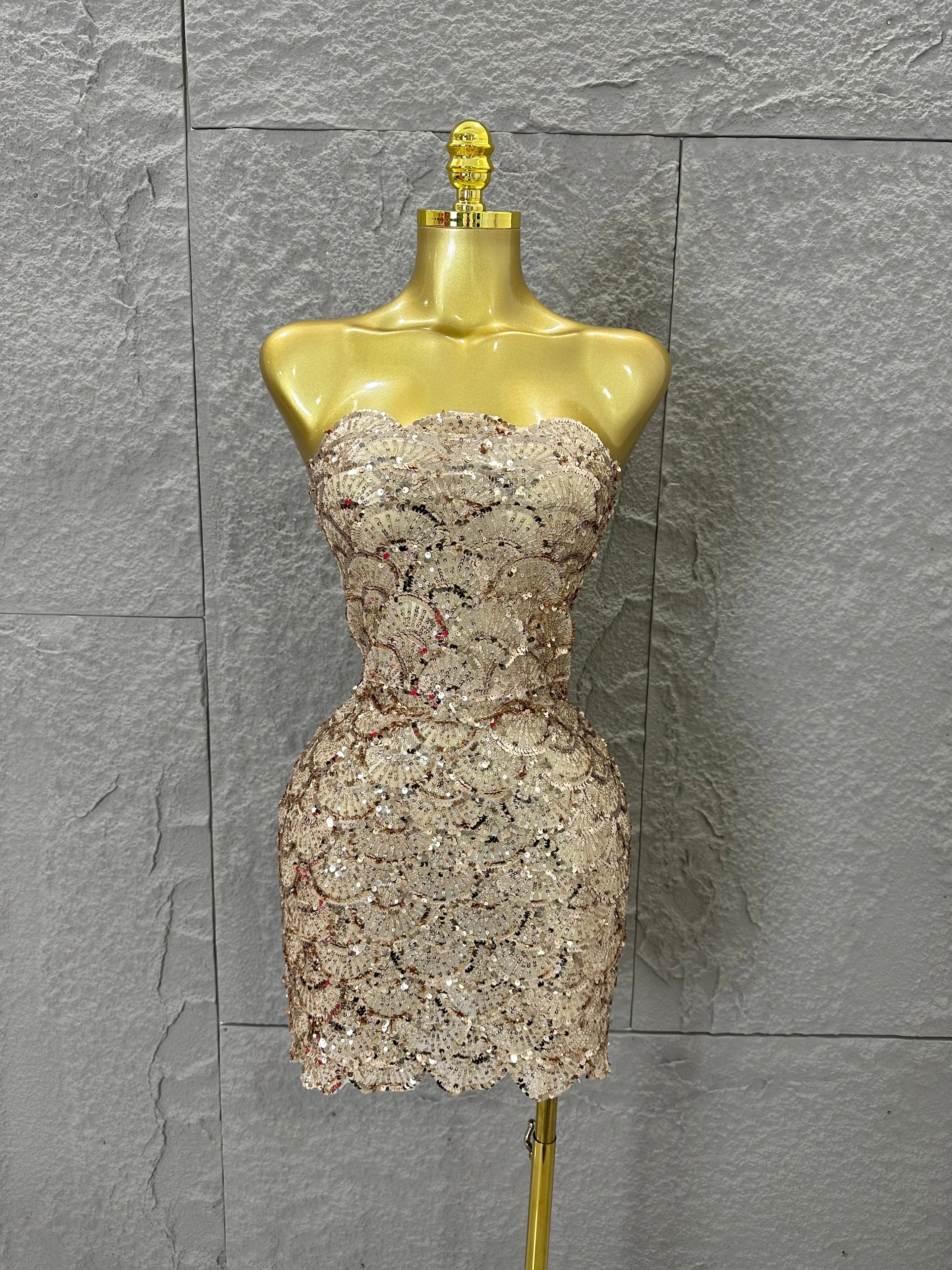 Elegant Silver Champagne Gold Strapless Mini Dress Women Sexy Sequin Form-Fitting Evening Party Nightclub Cocktail Party Costume Champagne