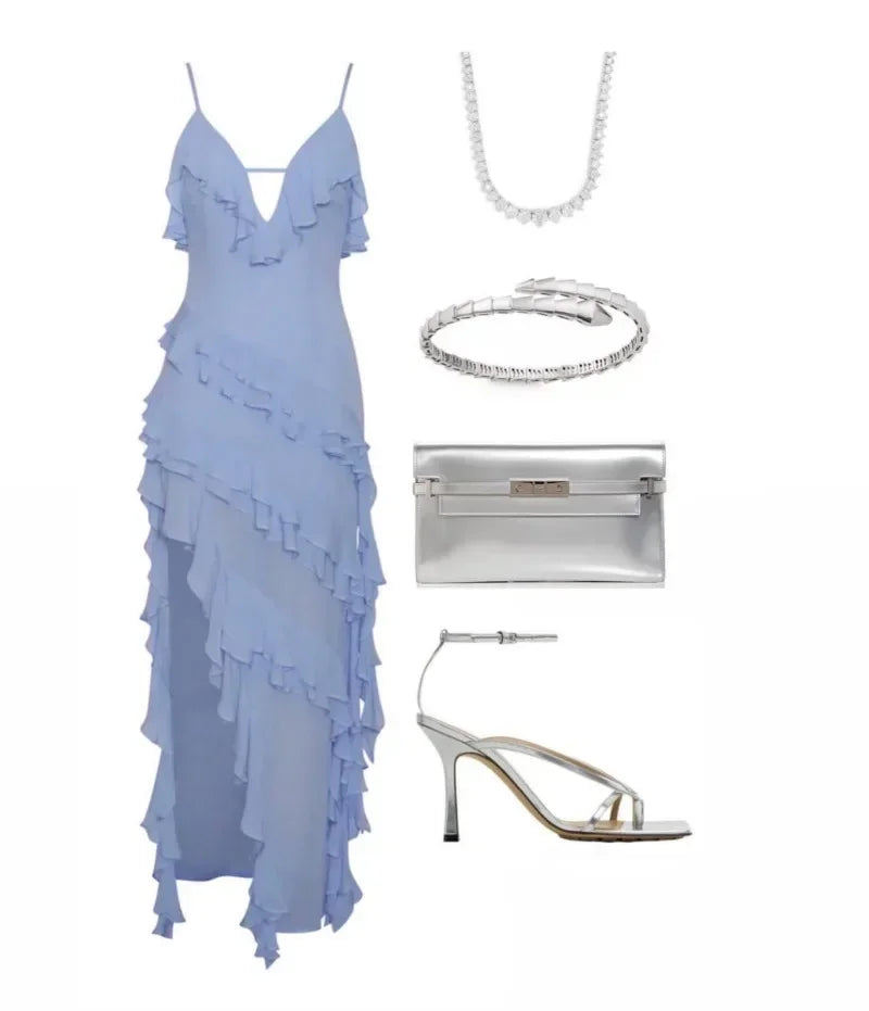 Holiday Maxi Midi Ruffles Beach Dress New Fashion Solid Color A-line Midi Dress Summer Sexy Strap Irregular Dress