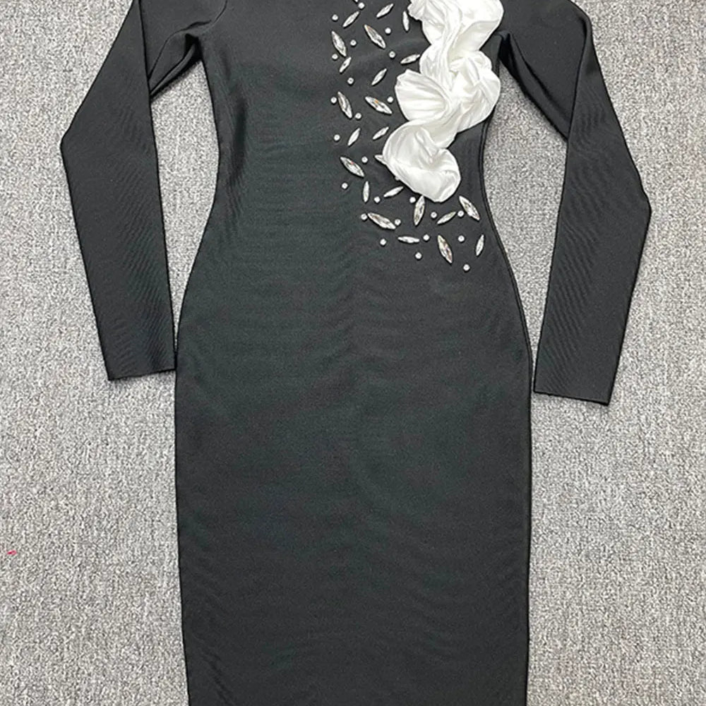 2024 Elegant Women's Light Luxury Patchwork Bandage Dress O-neck Long Sleeve Bodycon and Knee Dress Christmas Eve Party Vestidos black