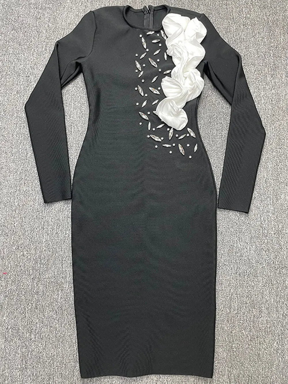 2024 Elegant Women's Light Luxury Patchwork Bandage Dress O-neck Long Sleeve Bodycon and Knee Dress Christmas Eve Party Vestidos black