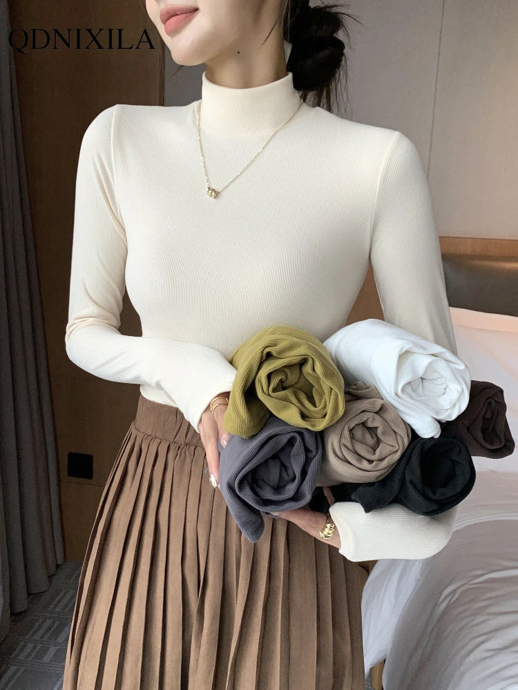 New Knitted Half-turtleneck Pullovers Women Bottom Shirts Sweater Jumper Elegant Korean Fashion Long-sleeved Tops Knitwear