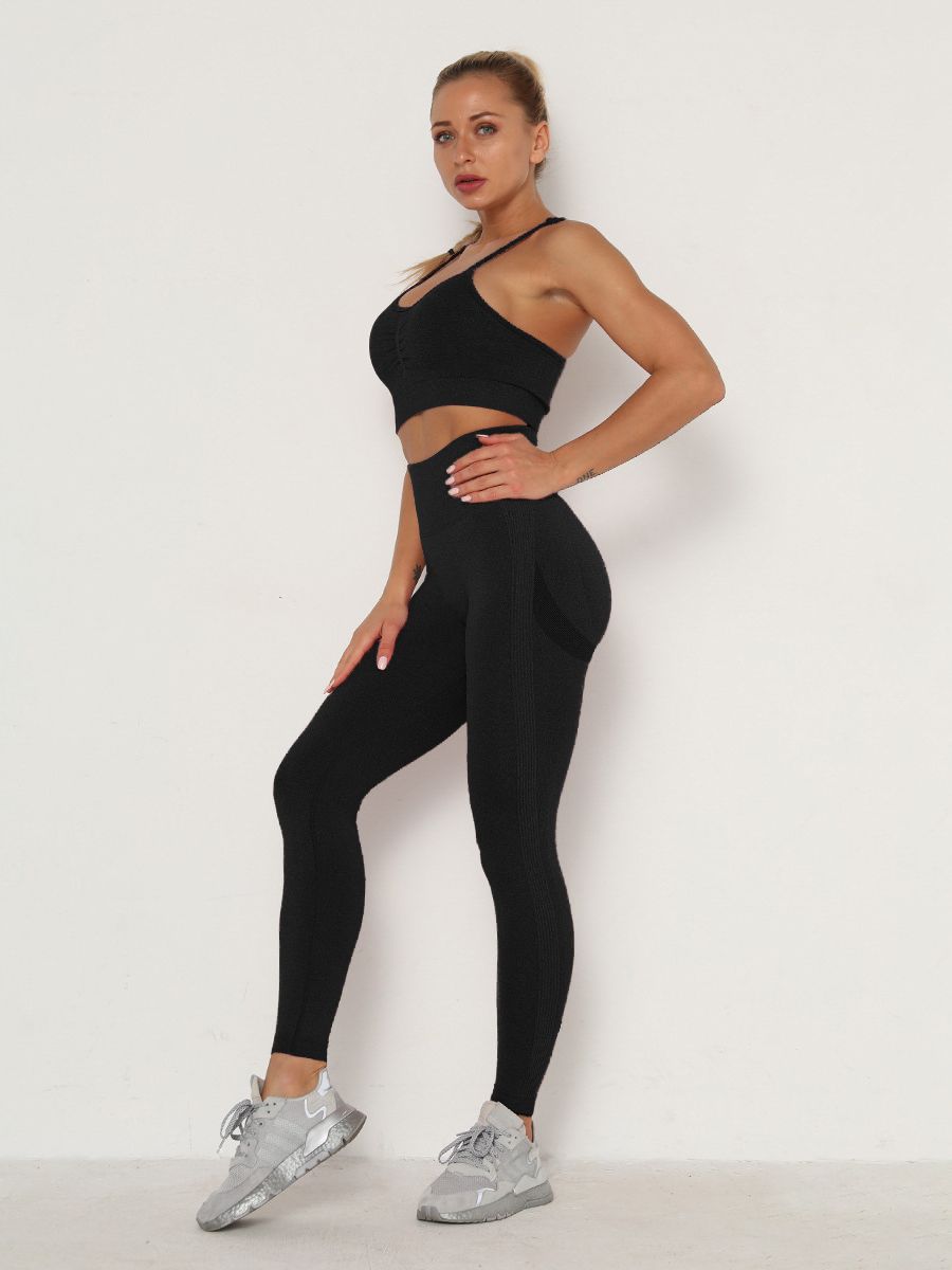 Women's Sets Skinny Tracksuit Breathable Bra Long Sleeve Top Seamless Outfits High Waist Push Up Leggings Gym Clothes Sport Suit Bra Set Black