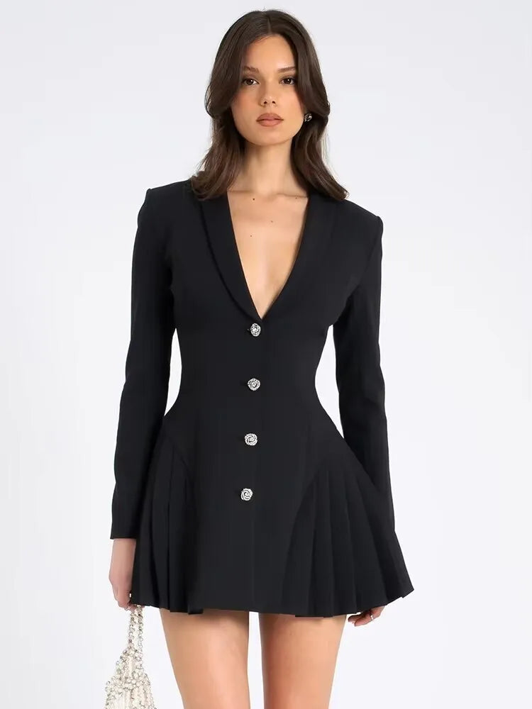 Fantoye Deep V-neck Single Breasted Pleated Women Blazer Mini Dress Long Sleeve A-line Dress Autumn New Elegant Official Clothes black