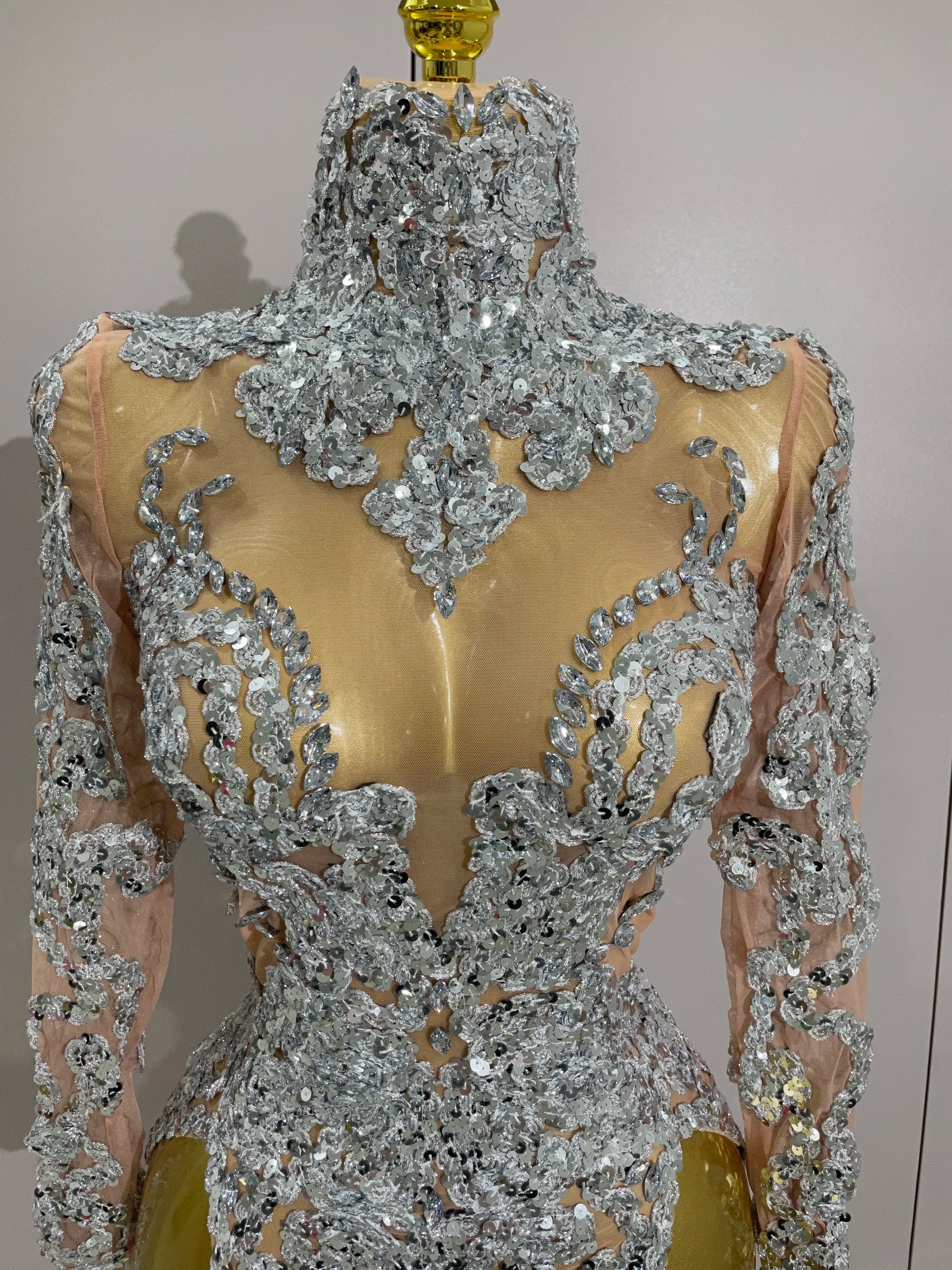 Luxury Sparkly Sequins Stretch Long Sleeve Mesh Mini Dress 2025 Women Birthday Party Nightclub Dancer Stage Performance Costume