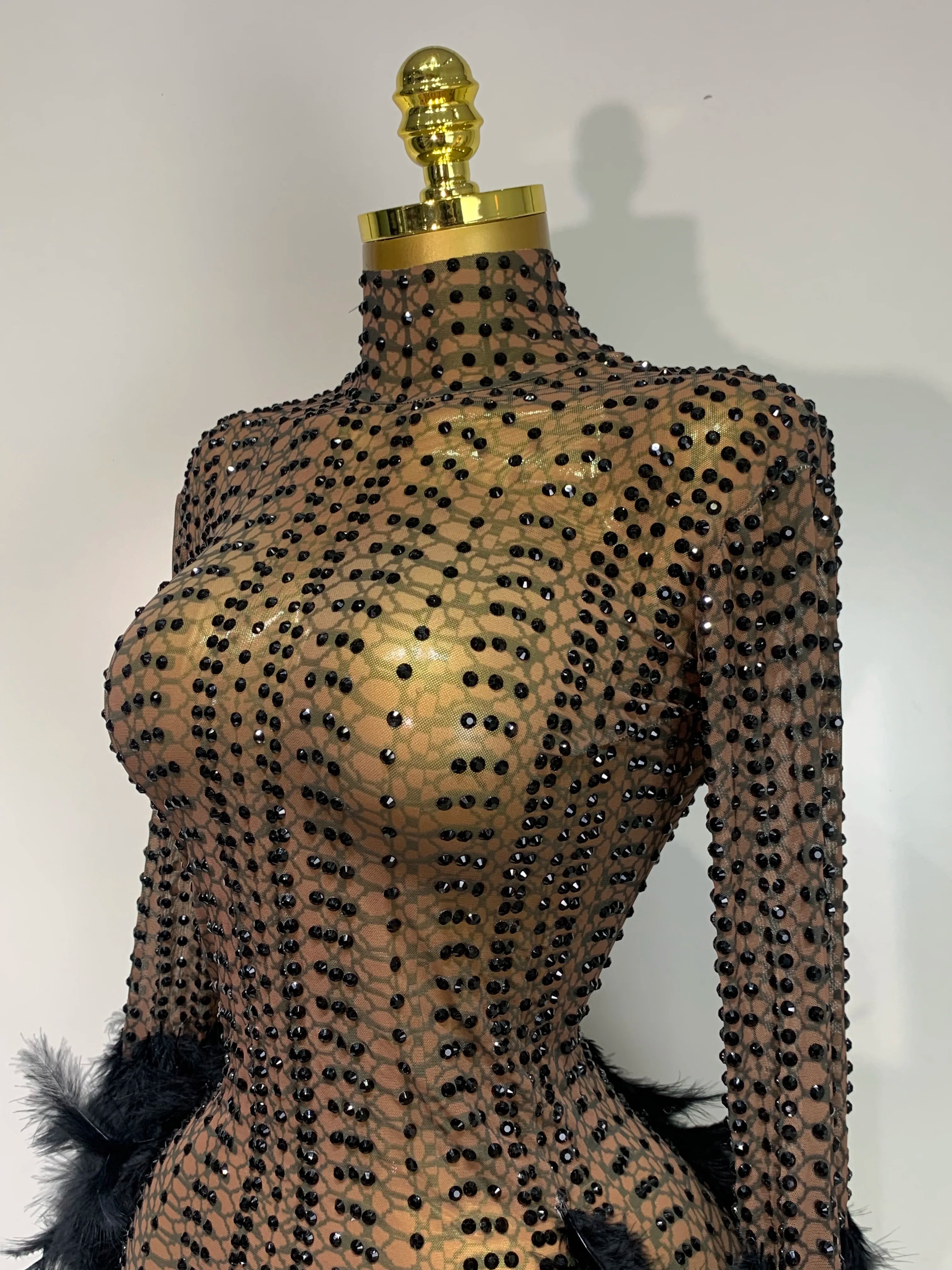 Women Luxury Birthday Dress Rhinestones Mesh Feathers Bodycon Mini Celebrity Evening Club Party Dress Nightclub Stage Outfit