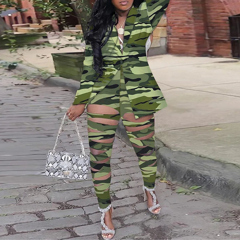 Plus Size Women Two Piece Set Turn Down Collar Vintage Print Autumn Long Sleeve Jacket Blazer Slim Hollow Out Pants Suit 2022 02