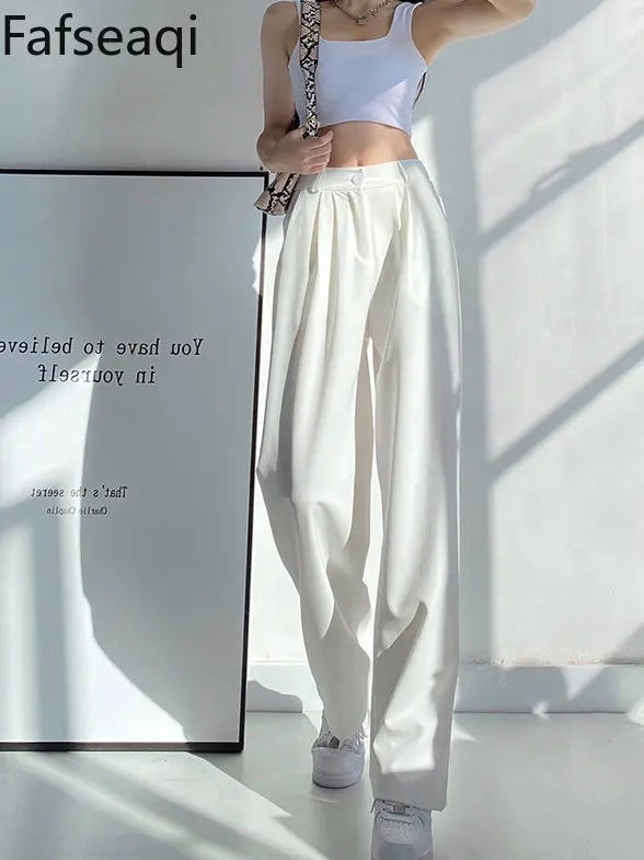 Summer Ice Silk Wide Trousers for Women Loose White Thin Straight Pants Elegant Office Women Baggy Stacked Pants Sweatpants