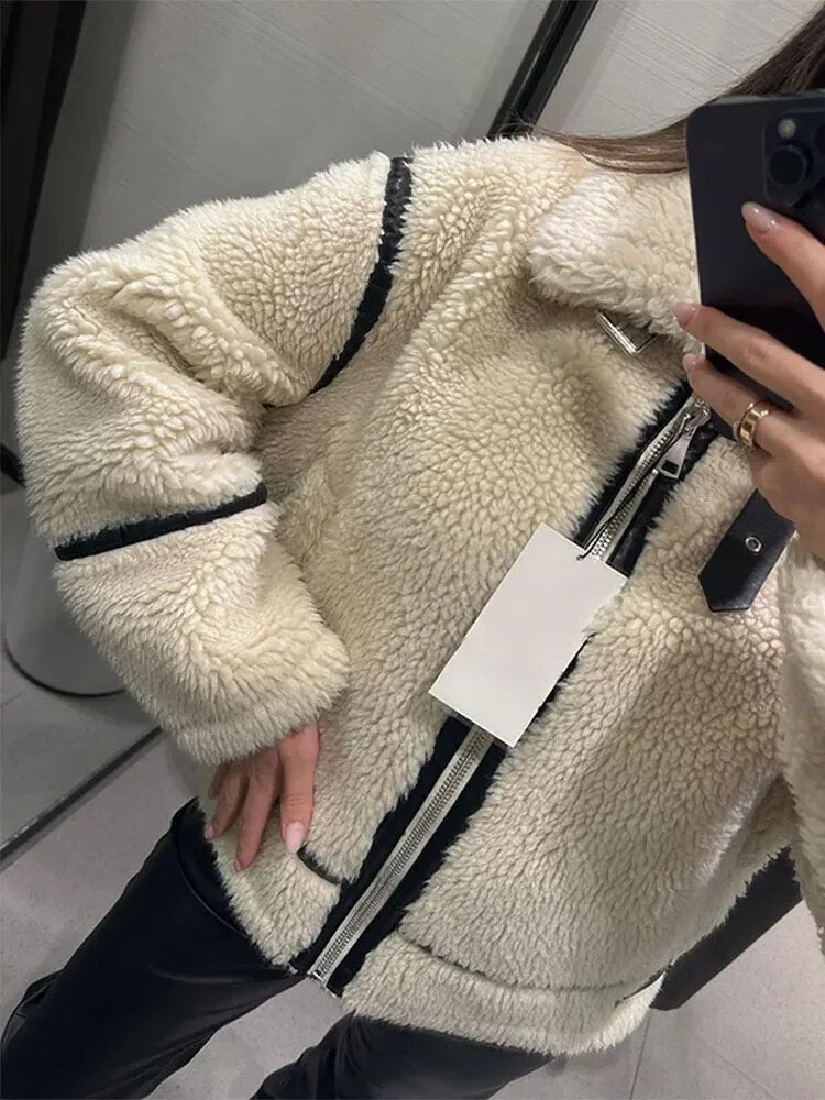 Suninheart Autumn and Winter Faux Fur Jacket with Zipper Women Long Sleeve Warm Jackets Coat Casual Lapel Cold Coat High Quality
