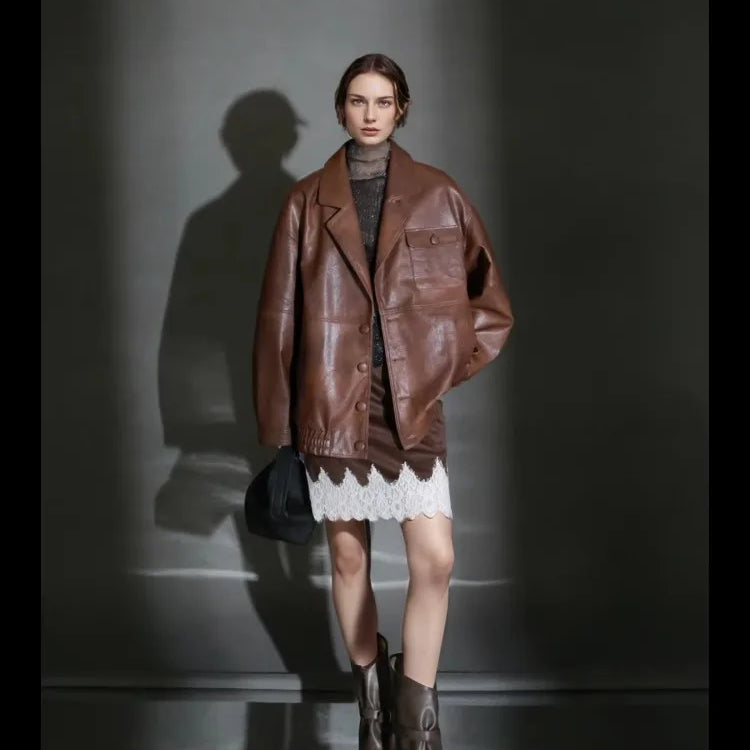 Lautaro Spring Autumn Oversized Waterproof Distressed Brown Pu Leather Jacket Women Single Breasted Luxury Designer Clothes 2025