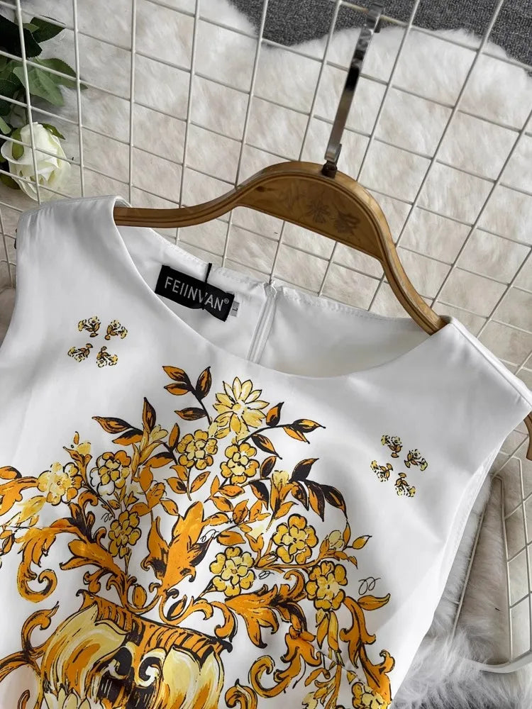 Summer Vintage Blue And White Porcelain Dresses Women's Sleeveless O Neck Tank Flower Print Vest Midi Long Party Vestidos