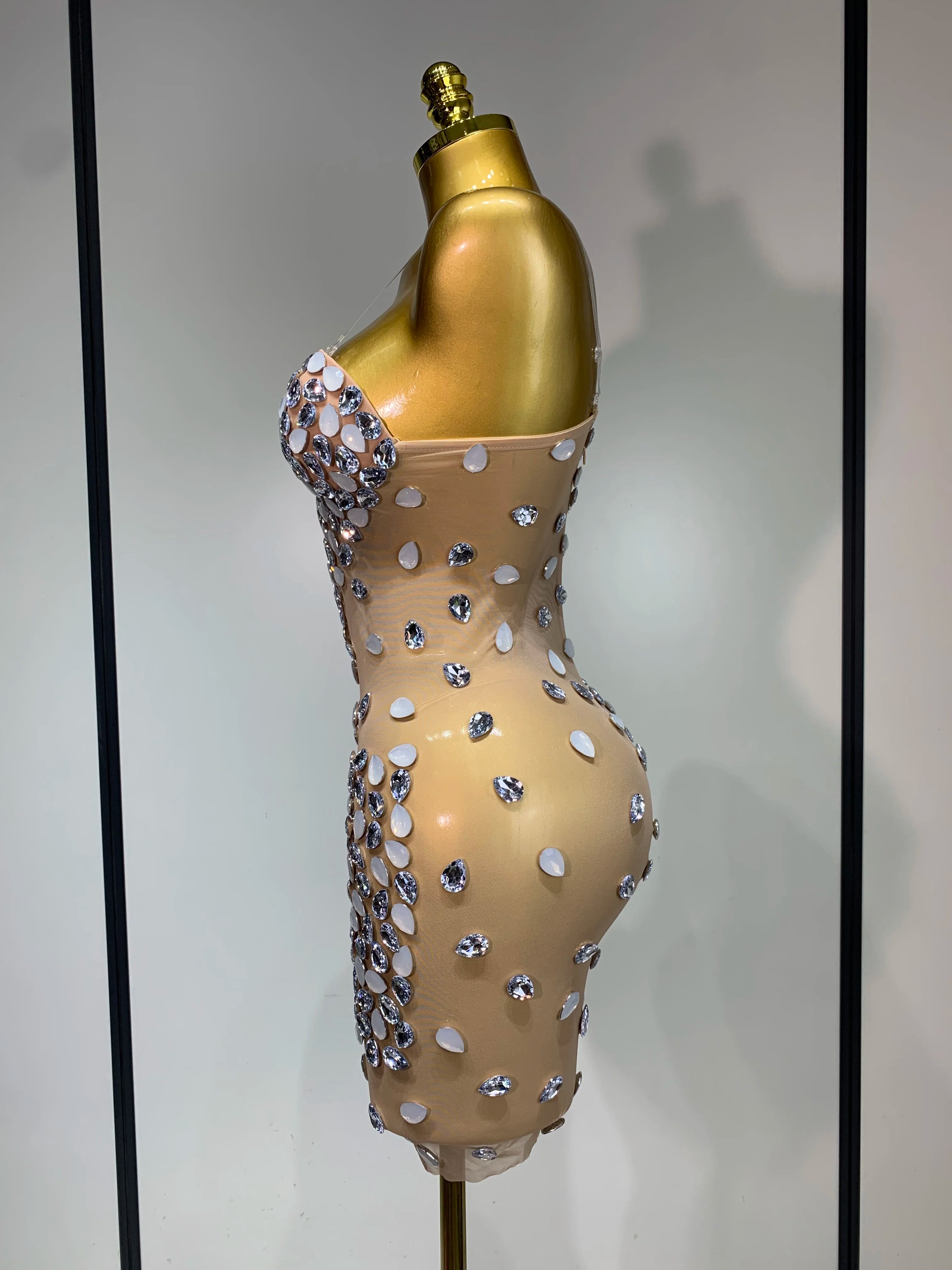 Sexy Sparkly Rhinestone Backless Mini Dress Women Sleeveless Mesh See Through Evening Party Luxury Birthday Gown Stage Outfit