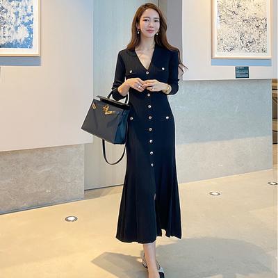 Vintage Korean Maxi Dresses for Women Party Long Sleeve V-neck Mermaid Dress Elegant Fashion Ladies Vestidos Femme Autumn 2024 Black One Size