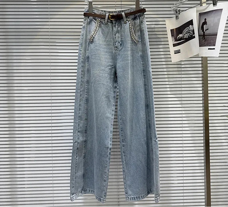 DEAT Spring New Street Style Rhinestone Pocket Belt Design Loose Wide-Leg Jeans For Women Straight Denim Pants 11A07800