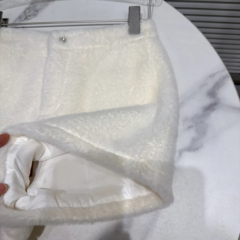 Winter New Elegant Fashion Rhinestone Buckle Faux Mink Fur Thickened Shorts For Women Solid Color Boot Pants 11A07520