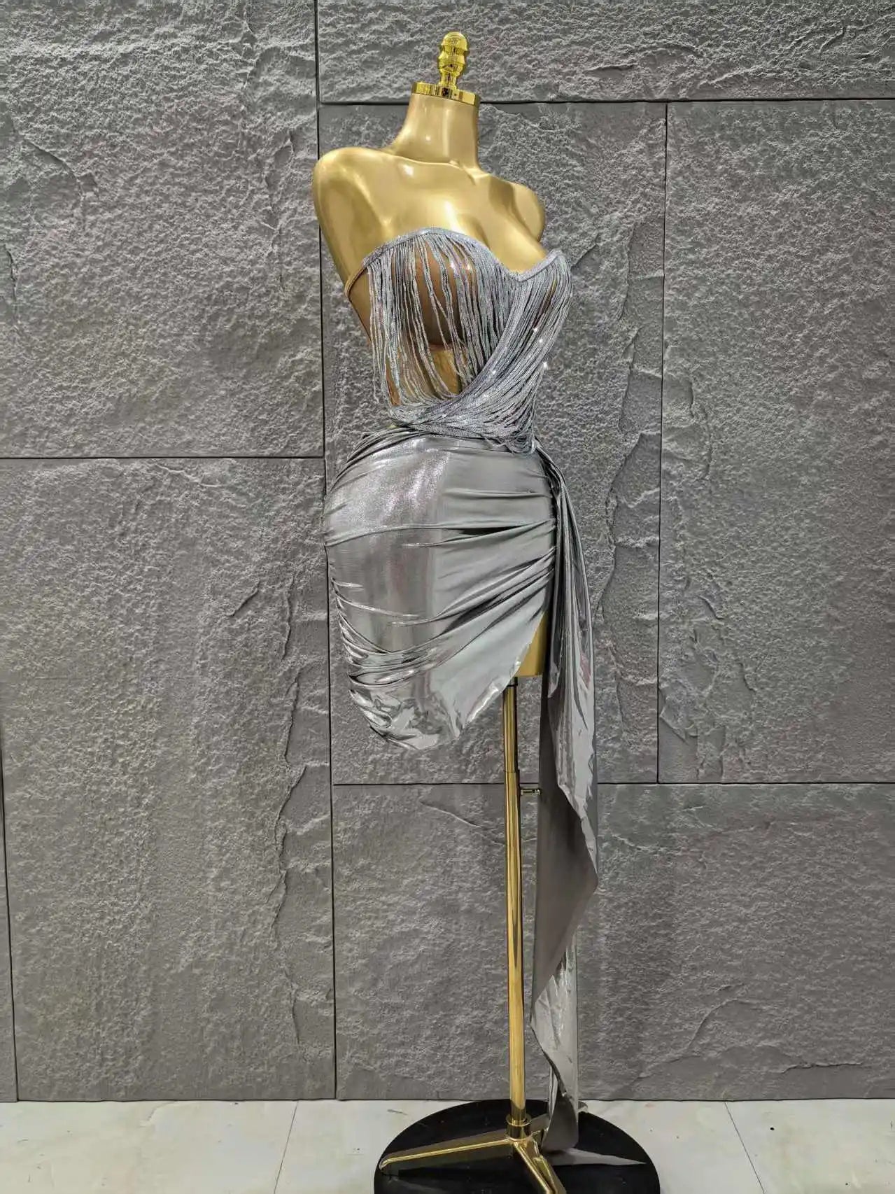 STOCK Women Sexy Strapless 2 Pieces Bodycon Mini Dress Celebrate Nightclub Party Bar Singer Performance Costume Stage Wear