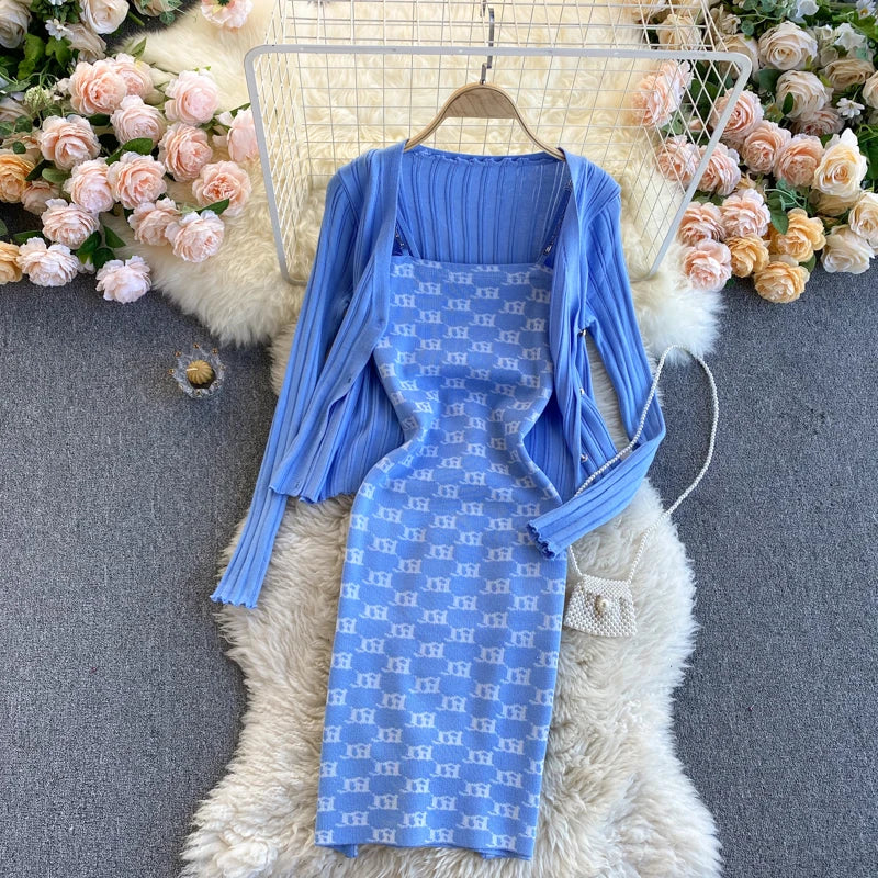Women Dress Set Spring Autumn Fashion Y2K Knitted Chains Straps Mini Dress + Full Sleeve Cardigans Coats Blue One Size