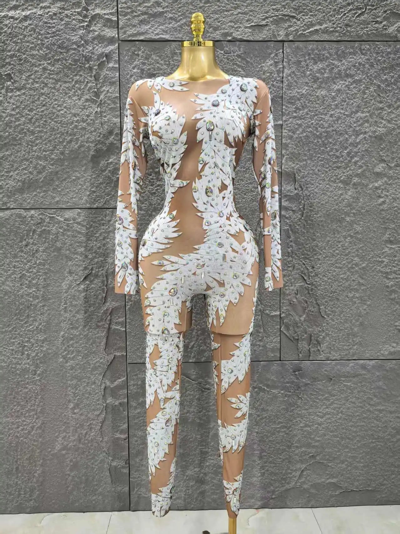 Wholesale Women Sexy Long Sleeve Shinning Rhinestones Bodycon Jumpsuit Celebrate Nightclub Party Performance Costume Stage Wear WHITE