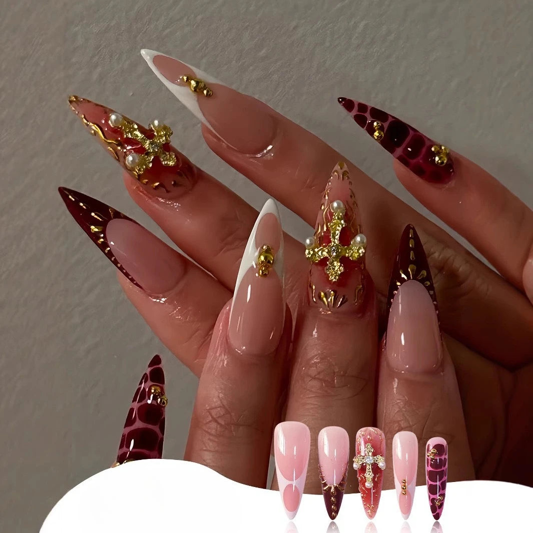 24pcs Leopard Print Almond Fake Press on Nails with Mini Flower Acrylic Fake Nails Retro Sweet Cool Design Press Ons French Nail 52