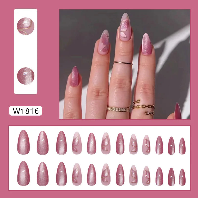 24pcs Shiny Green Cat Eye False Nails Cute Seal Print Fake Nails Tips Wearable Reusable Glossy Short Round Press on Nails 11