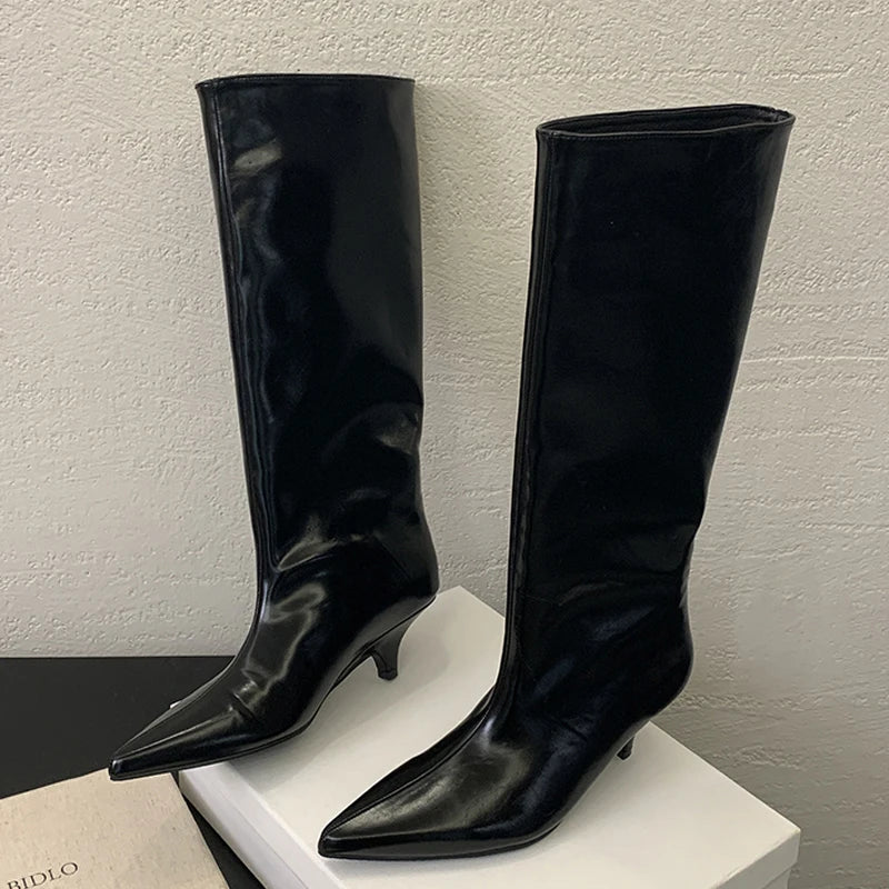 Eilyken Winter New Fashion Knee-High Boots Women Pointed Toe Elegant Thin Low Heel Casual Ladies Pumps Shoes Long Botas Mujer Black