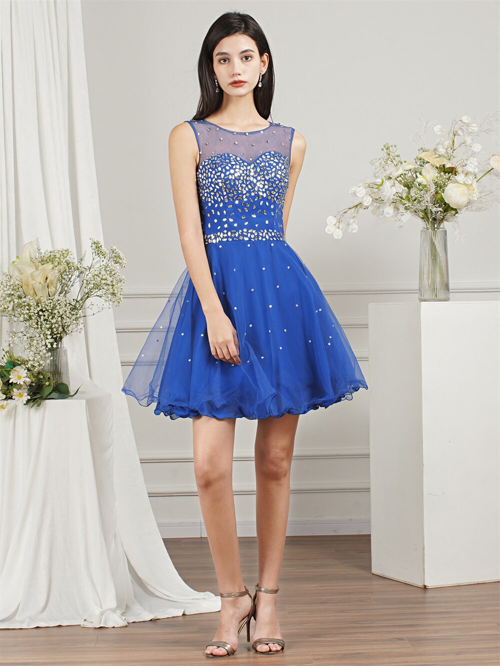 Robe de soirée courte bleu Royal pour Juniors, en Tulle à perles, col rond, dos nu, ligne A, Mini robe de bal pour femmes