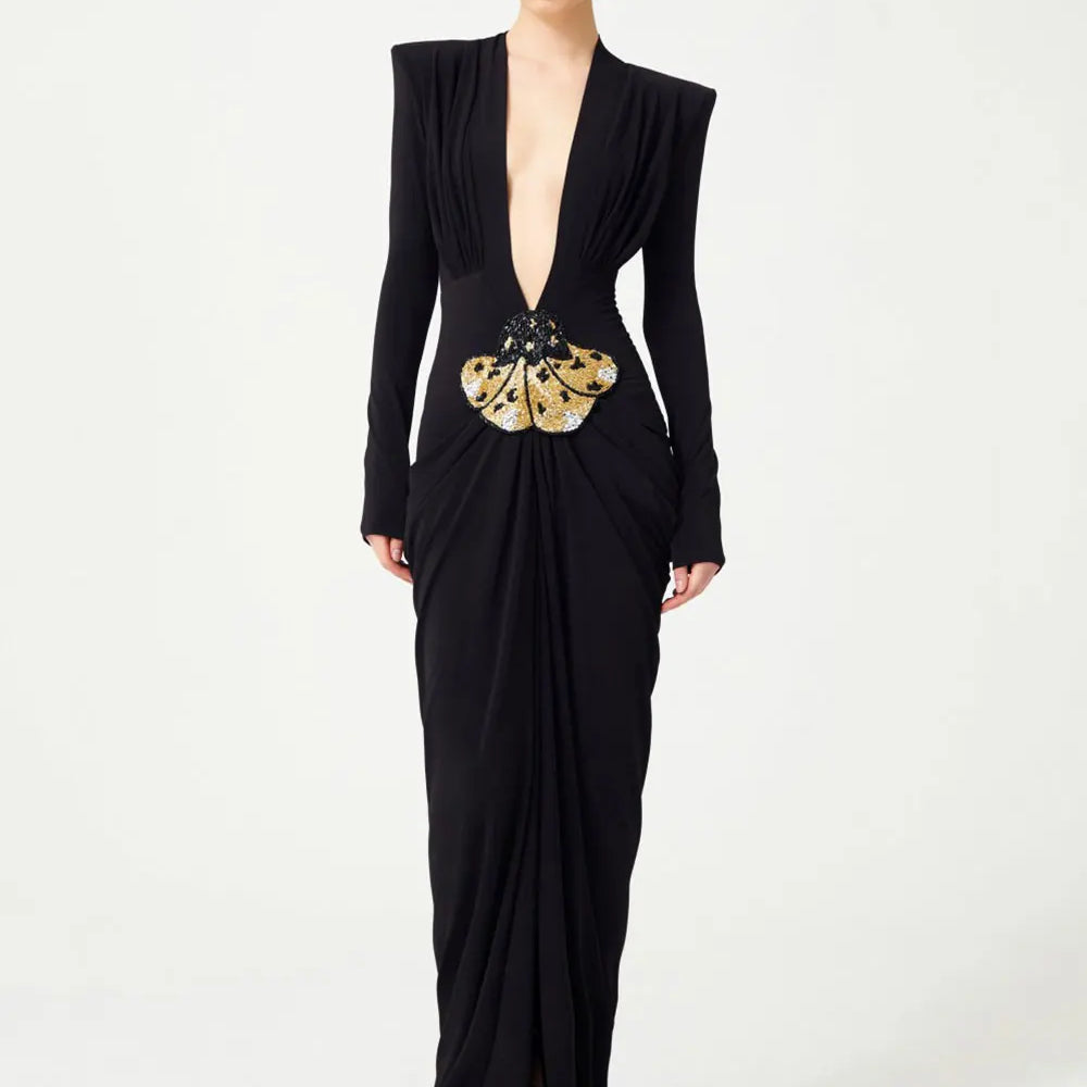 2025 Sexy Women's Light Luxury Maxi Dress Deep V-neck Long Sleeve Three Dimensional Beaded sequin Design Bodycon and Floor Dress