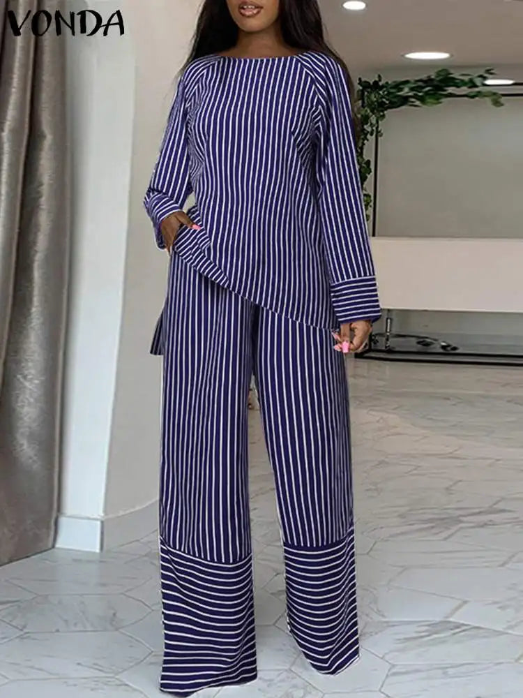 Plus Size 5XL VONDA Women Stripe Pant Sets 2024 Summer Fashion Long Sleeve Tops and High Waist Pants Casual Loose Elegant Suit Dark Blue