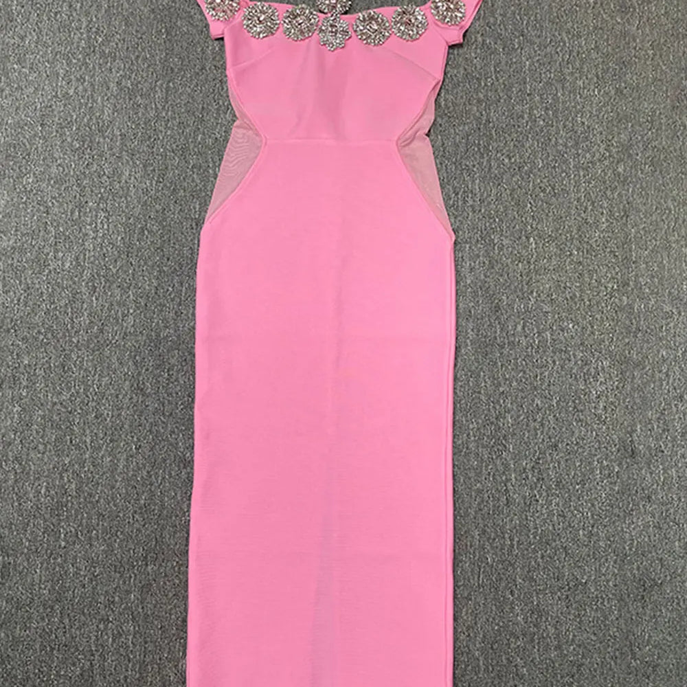 2024 Heavy Industry Beaded Women Sexy Bandage Dress Hanging Neck Style Card Shoulder Sleeve Bodycon Off Back Long Dress Vestidos Pink