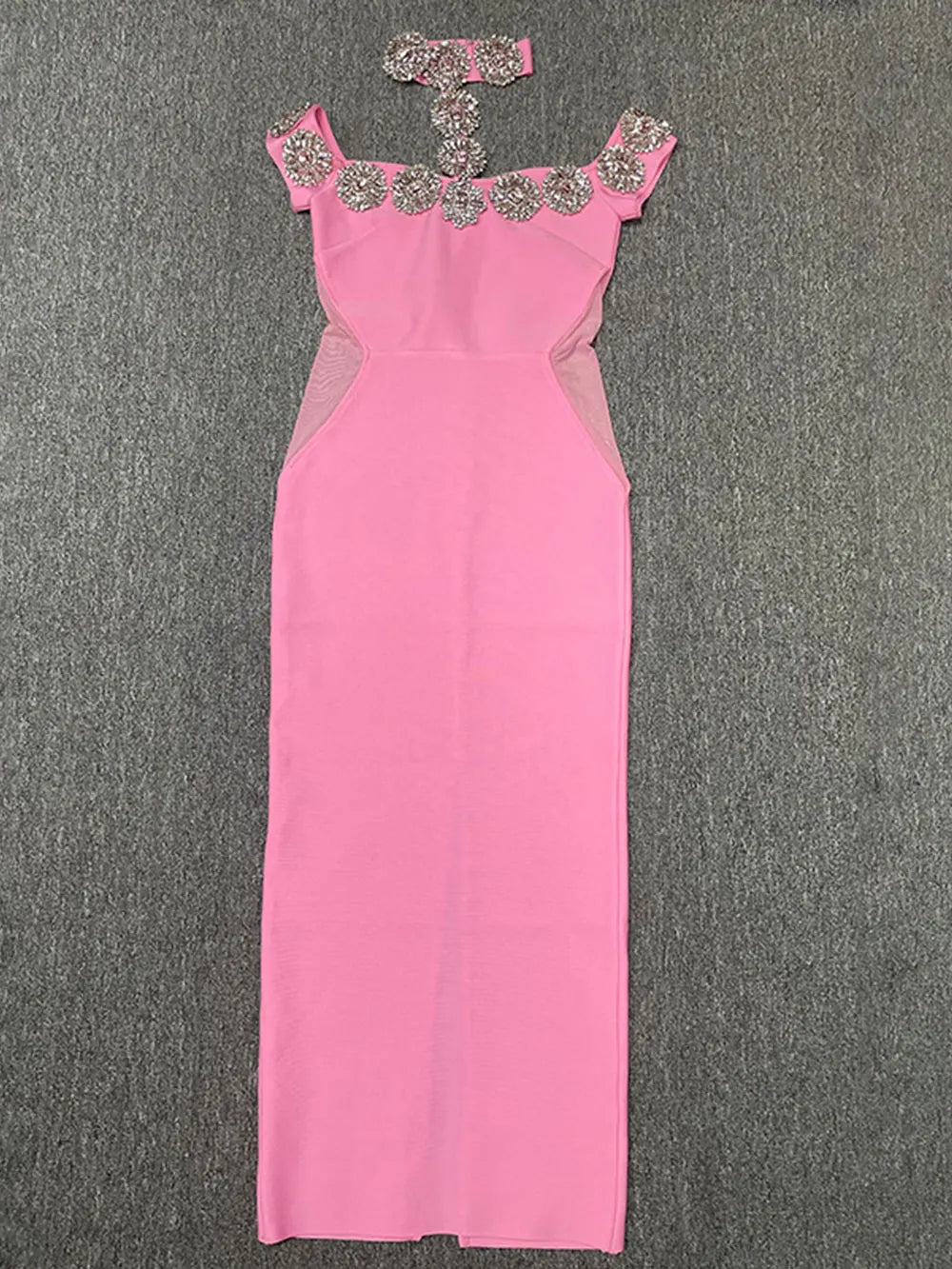 2024 Heavy Industry Beaded Women Sexy Bandage Dress Hanging Neck Style Card Shoulder Sleeve Bodycon Off Back Long Dress Vestidos Pink