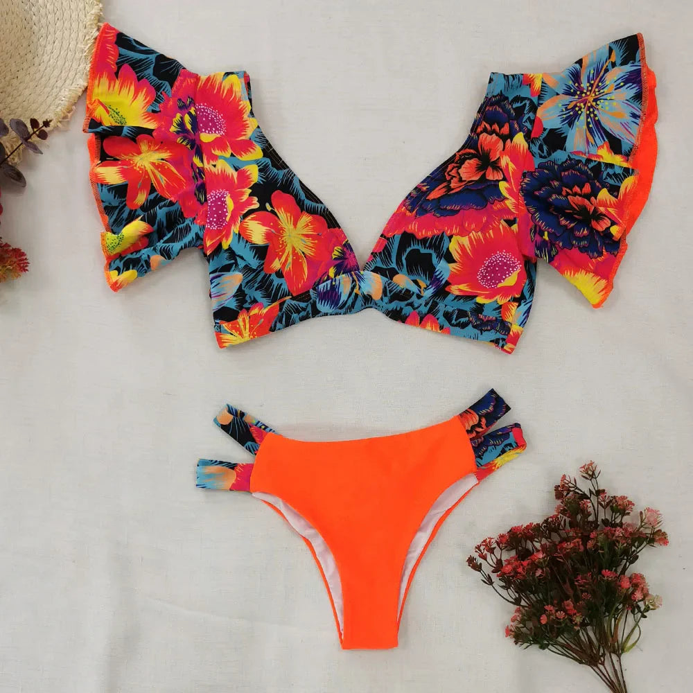 New Ruffled Sexy Bikini Set Women Floral Beachwear V-Neck Bathing Suit High Waist Biquini Swimwear Female 2 Piece Swimsuits