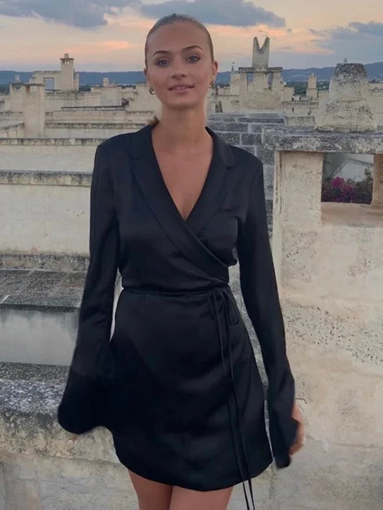 Julissa Mo Black Satin V-Neck Shirt Dress Women Spring Flare Sleeve Lace Up Mini Dresses Elegant Ladies Party Vestidos