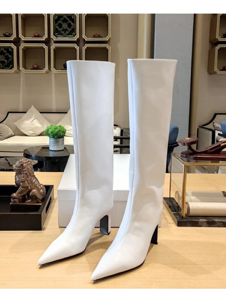 Women's New Pointed Thick Heel Sleeve Knee High Boots Fashion Fashion Show Gold Large Winter Boots 263white