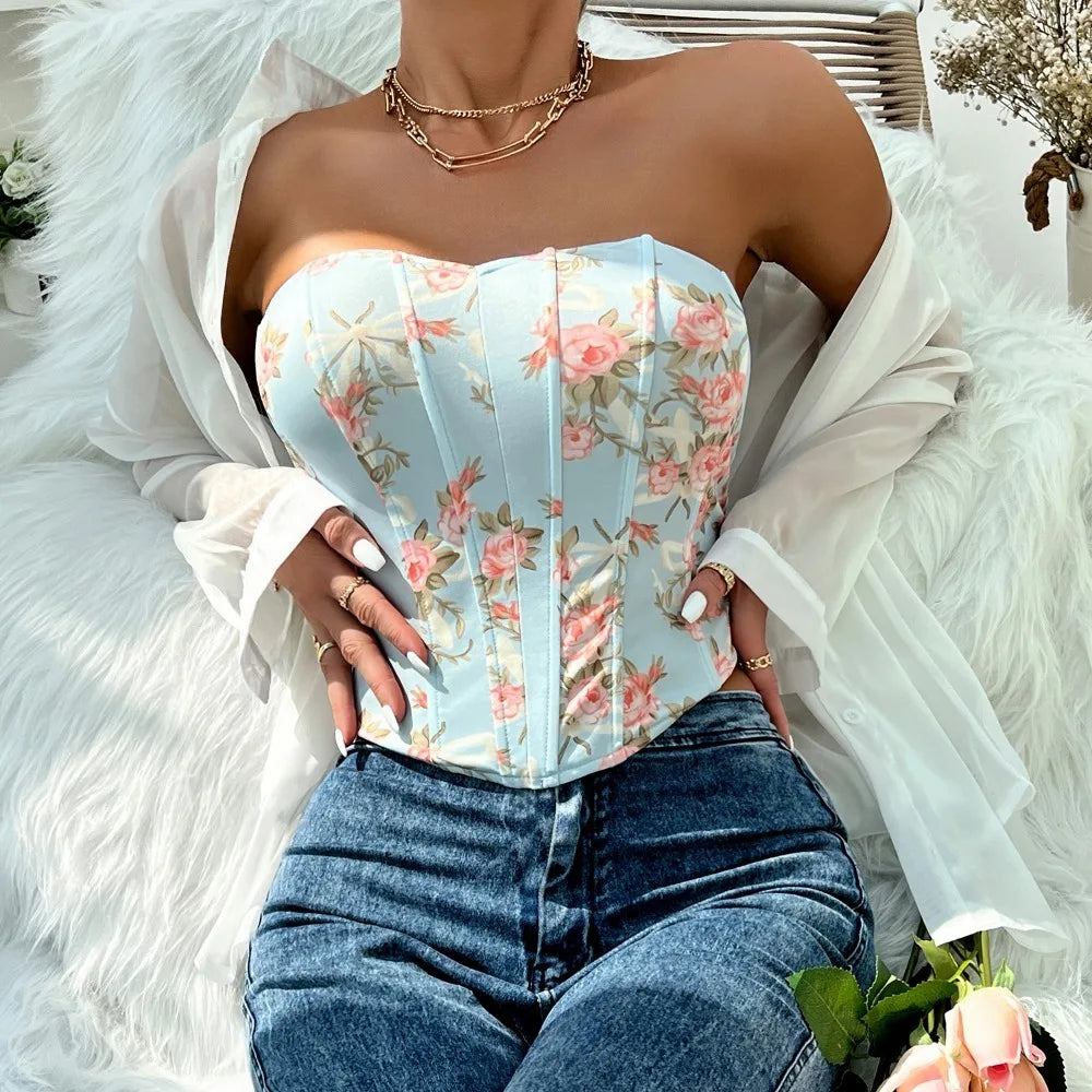 Women's Sexy Blended Camis Hot Sweet Print Solid Chest Wrap Elegant Irregulariity Floral Crop Top Holiday Single Breasted Tunics