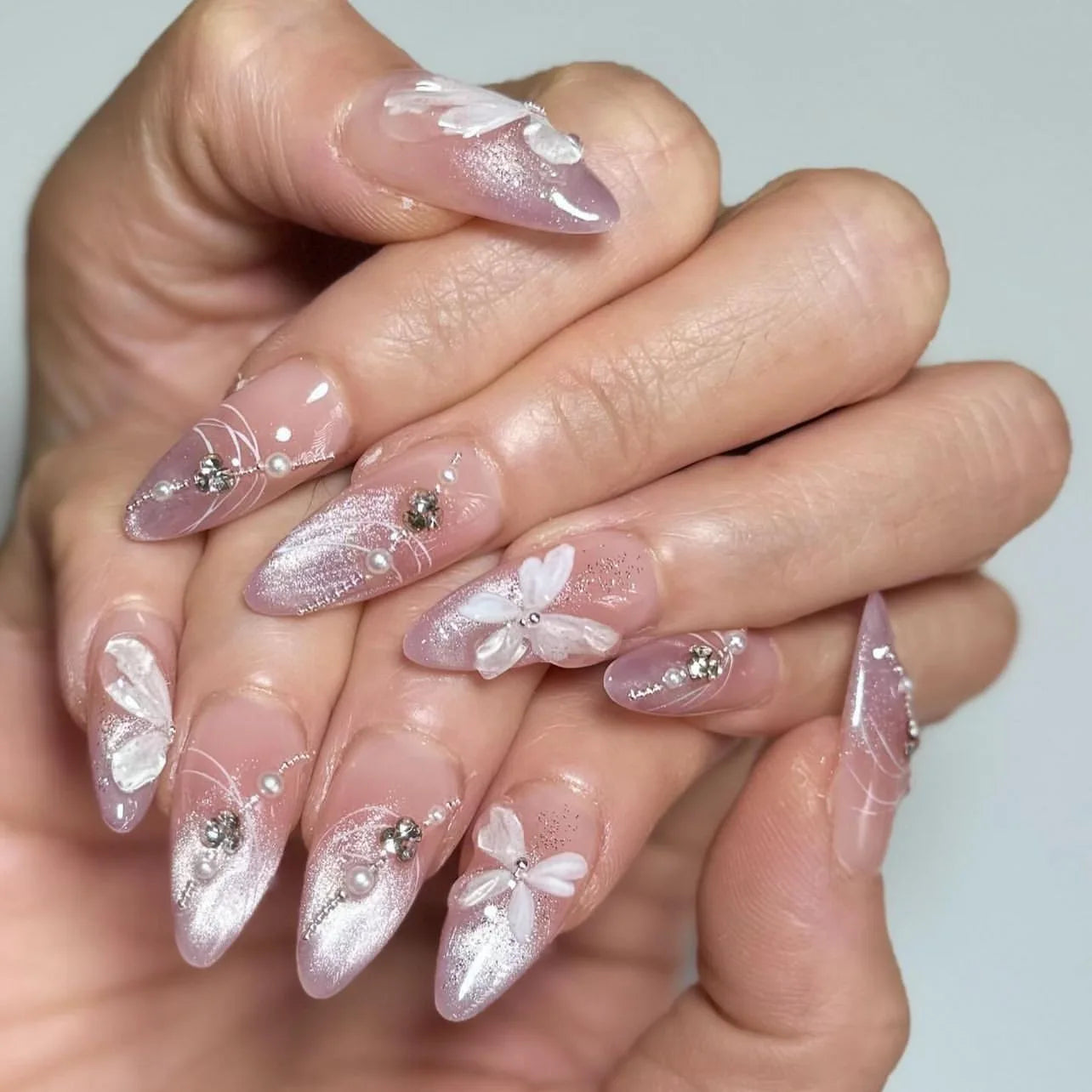 10Pcs White French Fake Nail with Glue Almond Press on False Naills Pink 3D Bow Camellia Design Nails Art Wearable Manicure Tips 3621