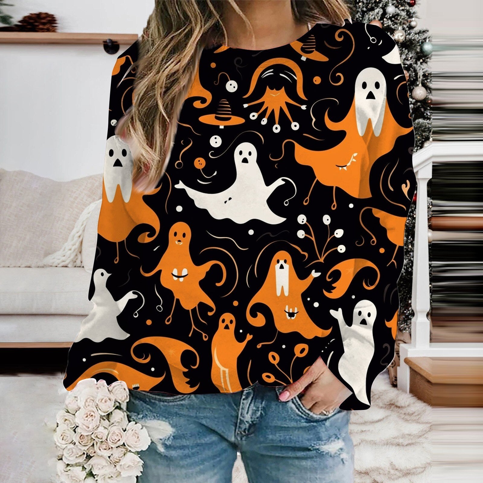 Women's Autumn Halloween Long Sleeved Round Neck Printed Lightweight Pullover Hoodless Sweatshirt Crop Fleece Sweater Womens Orange