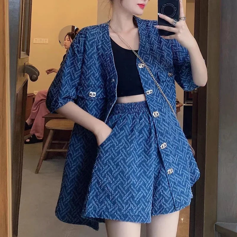 Summer New Printing Ladies Suits Fashion Loose Short Sleeve Button Cardigan and Elastic Waist Casual Pockets All-match Shorts