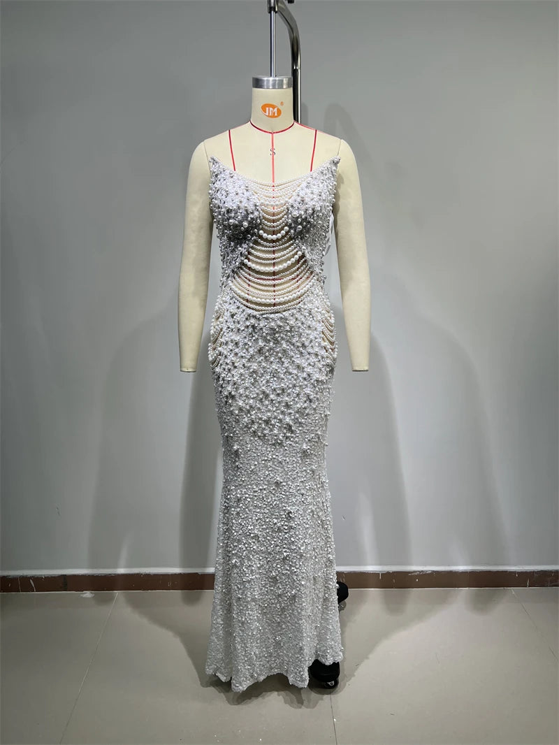 Luxury Pearl String Sexy See Through White Sequins Long Dress Elegant Woman Wedding Party Dress Red Carpet Goddess Vestido