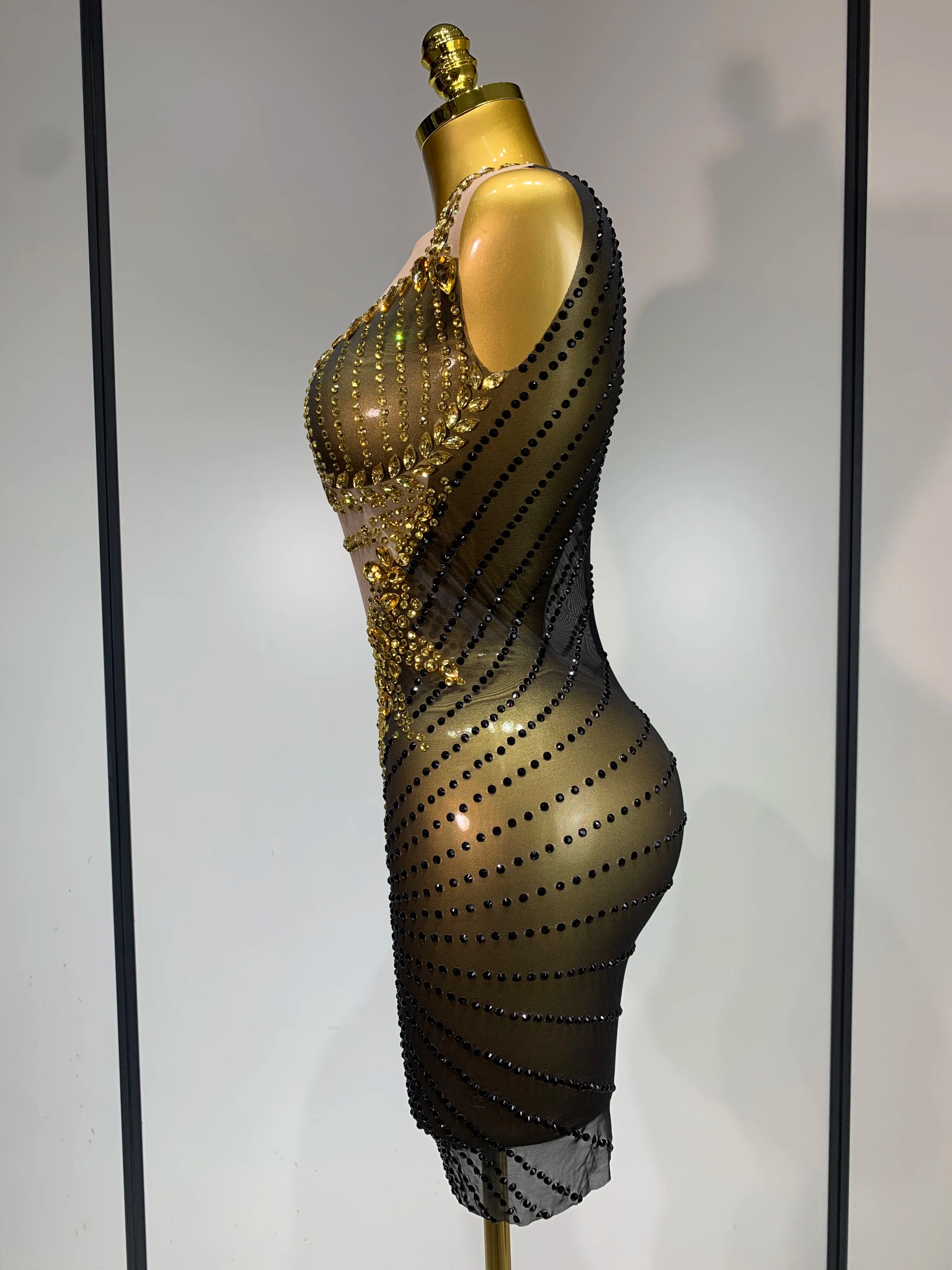 Sparkly Gold Rhinestone Transparent Sleeveless Mini Dress Evening Birthday Celebrate Party Nightclub Dance Performance Outfit