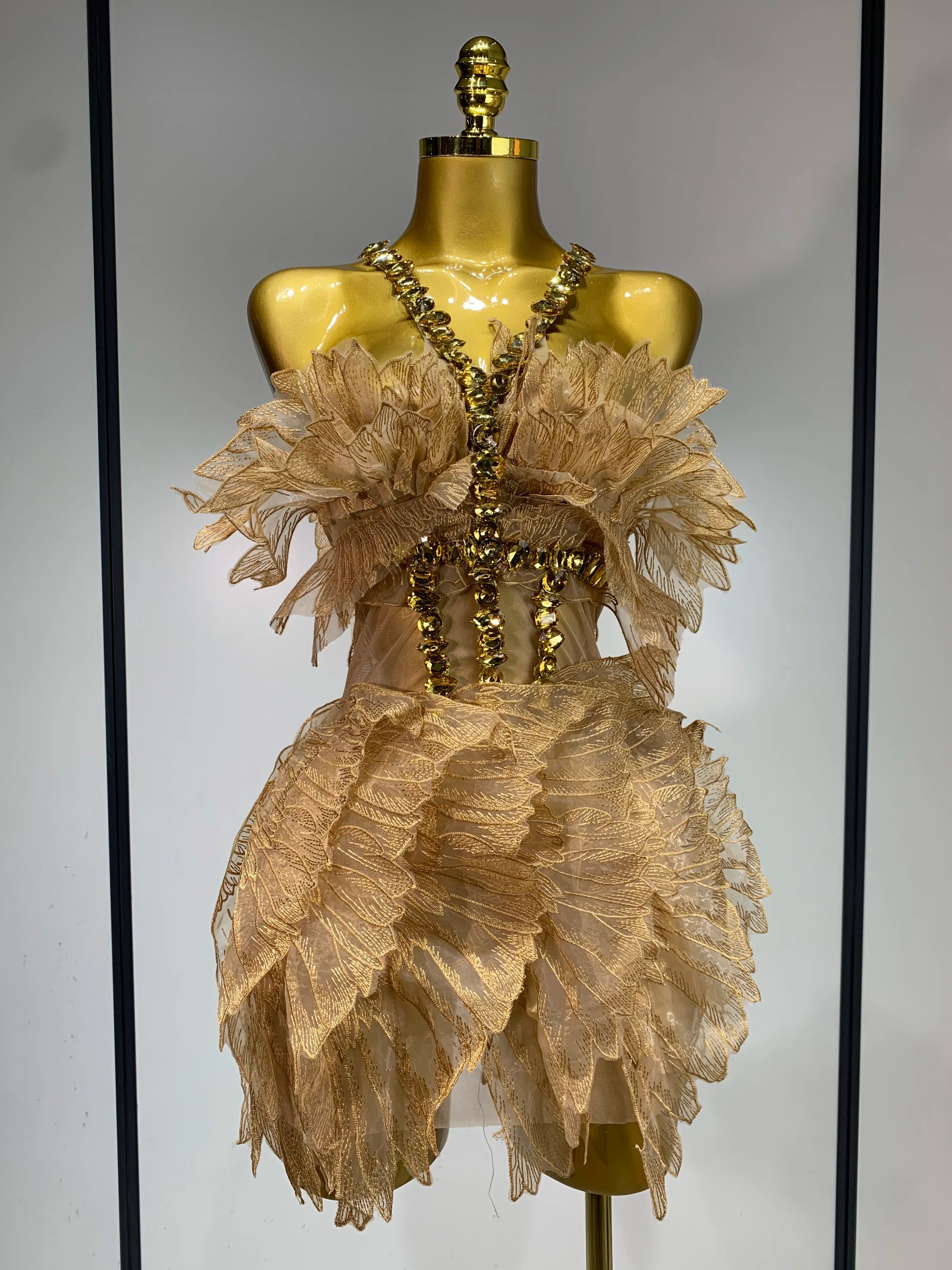 Luxury Birthday Dress Women Sexy White Crystal Transparent Wings Mini Dress Nightclub Evening Party Singer Stage Perform Costume Gold