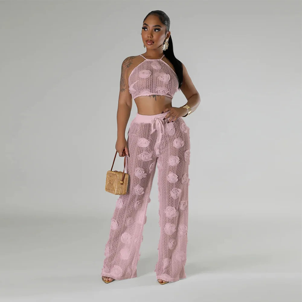 CM.YAYA Women Set 3D Flower Sleeveless Strap Tops +Wide Leg Pants Two 2 Piece Sets Outfit Perspective Summer Sexy Streetwear Pink